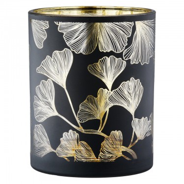 Φανάρι Καταιγίδας Cylindrical -Ginkgo- Ginkgo Motif Γυάλινο Μαύρο PU 18 H. cm D. 7 cm