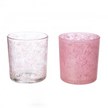 Φανάρι Καταιγίδας Cylindrical -Rose- Λουλουδάτο Pattern Γυάλινο Clear Rose PU 18 Pcs. Assorted H. cm D. 7 cm