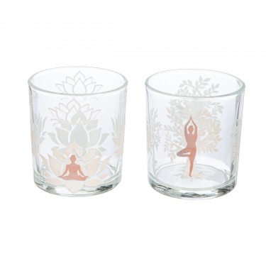 Φανάρι Καταιγίδας Cylindrical -Namaste- Δέντρο Motif Lotus Motif Yoga Motif Γυάλινο Brown Clear PU 18 Pcs. Assorted H. c