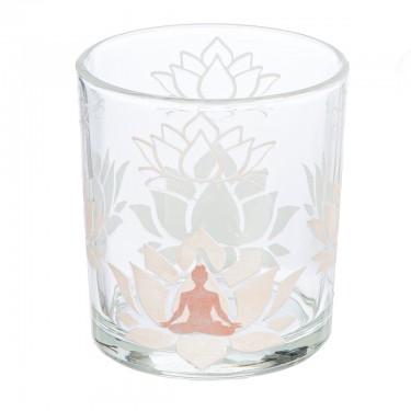 Φανάρι Καταιγίδας Cylindrical -Namaste- Δέντρο Motif Lotus Motif Yoga Motif Γυάλινο Brown Clear PU 18 Pcs. Assorted H. c