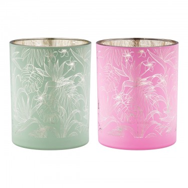 Φανάρι Καταιγίδας Cylindrical -Tropic- Leaf Motif Γυάλινο Πράσινο Pink PU Pcs. Assorted H. 125 cm D. 10 cm