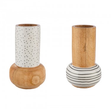 Βάζο -Black & White- Πουά/Ριγέ Ξύλο Εκρού/Λευκό 2Τμχ 19x12cm