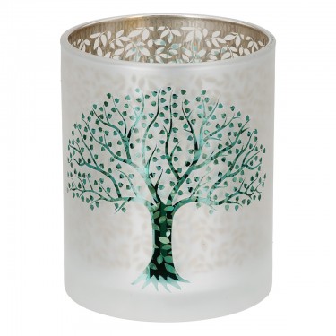  Φανάρι Κυλινδρικό Δέντρο Μοτίφ Γυάλινα Πράσινο Λευκό D10X13Cm D10X13Cm