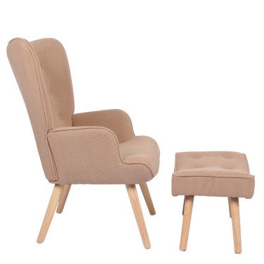 Πολυθρόνα Μπερζέρα Με Υποπόδιο ArteLibre ANIDORI Ανοιχτό Καφέ Ύφασμα/Ξύλο 73x69x96cm