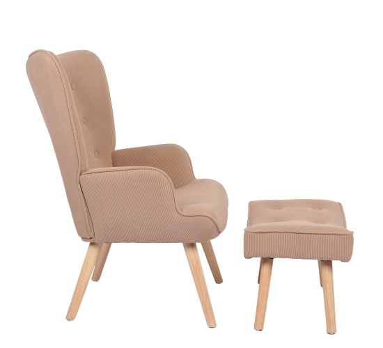 Πολυθρόνα Μπερζέρα Με Υποπόδιο ArteLibre ANIDORI Ανοιχτό Καφέ Ύφασμα/Ξύλο 73x69x96cm