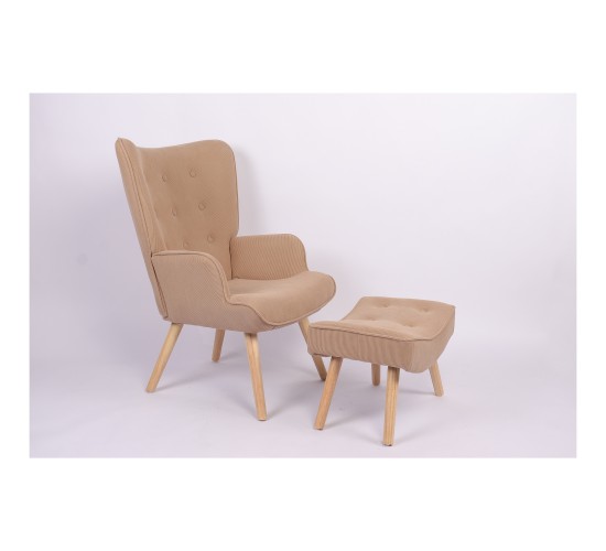 Πολυθρόνα Μπερζέρα Με Υποπόδιο ArteLibre ANIDORI Ανοιχτό Καφέ Ύφασμα/Ξύλο 73x69x96cm