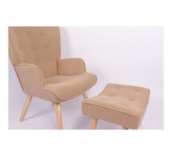 Πολυθρόνα Μπερζέρα Με Υποπόδιο ArteLibre ANIDORI Ανοιχτό Καφέ Ύφασμα/Ξύλο 73x69x96cm