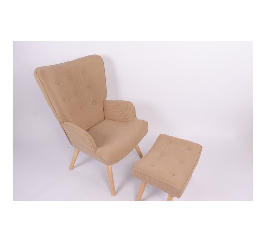 Πολυθρόνα Μπερζέρα Με Υποπόδιο ArteLibre ANIDORI Ανοιχτό Καφέ Ύφασμα/Ξύλο 73x69x96cm