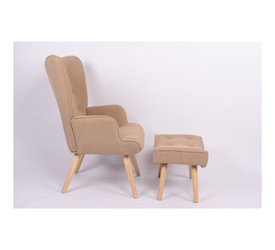 Πολυθρόνα Μπερζέρα Με Υποπόδιο ArteLibre ANIDORI Ανοιχτό Καφέ Ύφασμα/Ξύλο 73x69x96cm