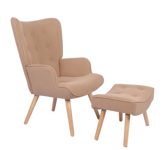 Πολυθρόνα Μπερζέρα Με Υποπόδιο ArteLibre ANIDORI Ανοιχτό Καφέ Ύφασμα/Ξύλο 73x69x96cm