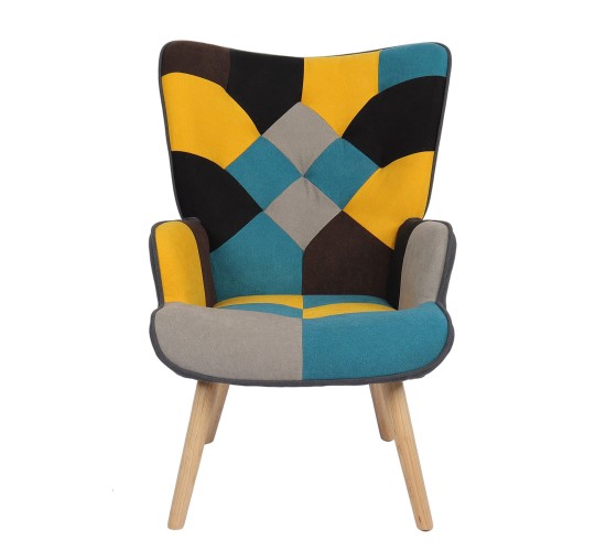Πολυθρόνα ArteLibre BRIAR Κίτρινο/Μπλε Patchwork Ύφασμα/Ξύλο 73x69x96cm
