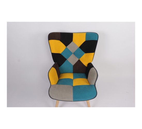 Πολυθρόνα ArteLibre BRIAR Κίτρινο/Μπλε Patchwork Ύφασμα/Ξύλο 73x69x96cm