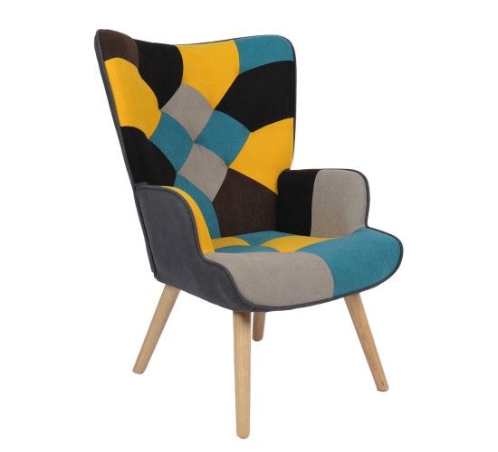 Πολυθρόνα ArteLibre BRIAR Κίτρινο/Μπλε Patchwork Ύφασμα/Ξύλο 73x69x96cm