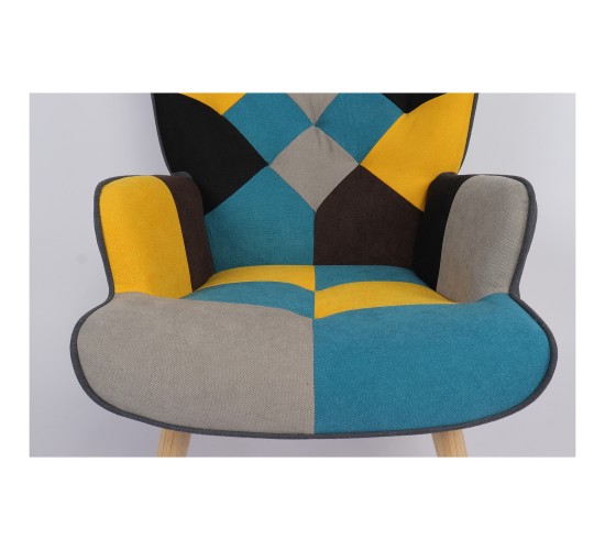 Πολυθρόνα ArteLibre BRIAR Κίτρινο/Μπλε Patchwork Ύφασμα/Ξύλο 73x69x96cm