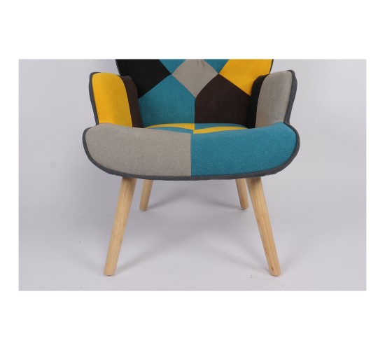 Πολυθρόνα ArteLibre BRIAR Κίτρινο/Μπλε Patchwork Ύφασμα/Ξύλο 73x69x96cm