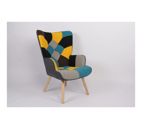 Πολυθρόνα ArteLibre BRIAR Κίτρινο/Μπλε Patchwork Ύφασμα/Ξύλο 73x69x96cm