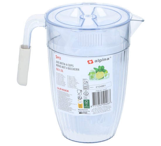 Κανάτα 1.5lt Με 4 Ποτήρια Σετ 5Τμχ Σε 2 Χρώματα ALPINA