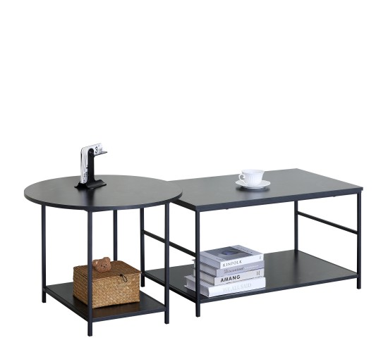 Τραπεζάκι Σαλονιού ArteLibre ROWDEN Μαύρο Μάρμαρο Μοριοσανίδα/Μέταλλο 60x60x50/80x47x45cm Σετ 2Τμχ