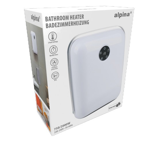 Αερόθερμο Μπάνιου Επιτοίχιο Ψηφιακό Με Κρεμάστρα Πετσέτας Και Τηλεχειριστήριο Λευκό IP22 750/2000W ALPINA