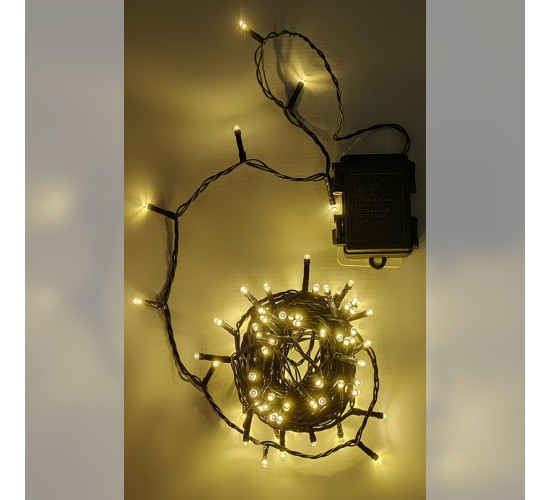 100 LED Εσωτ. & Εξωτ. Χώρου Με Χρονοδιακόπτη Θερμό Λευκό Φως Πράσινο Καλώδιο Μη Επεκτεινόμενο Μπαταρίας 13.9 0.2m