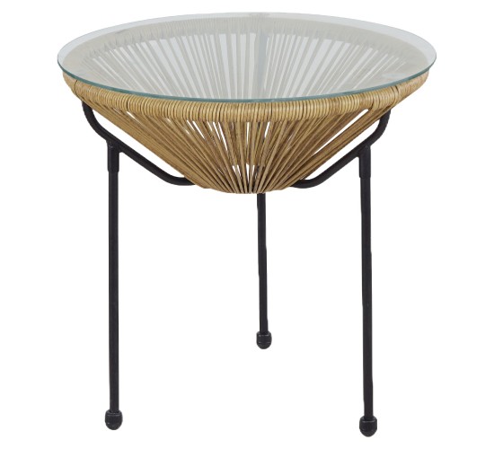 Τραπέζι Κήπου ArteLibre GANYMEDE Φυσικό/Μαύρο Μέταλλο/Γυαλί/Rattan Φ50x50cm