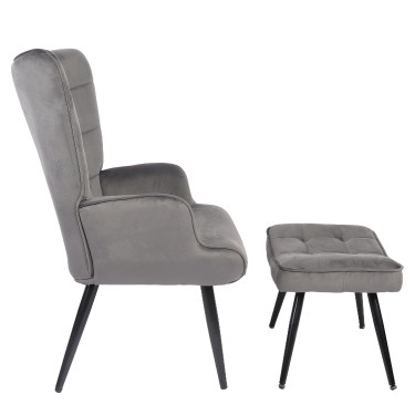 Πολυθρόνα Μπερζέρα Με Υποπόδιο ArteLibre LENNOX Γκρι Βελούδο/Ξύλο 96x68x73cm