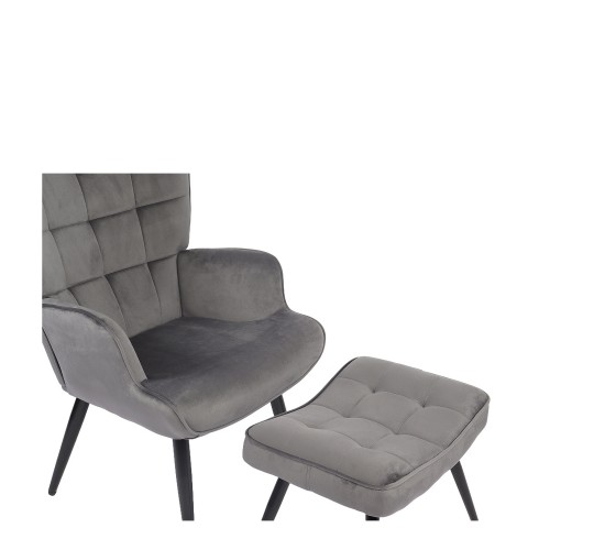 Πολυθρόνα Μπερζέρα Με Υποπόδιο ArteLibre LENNOX Γκρι Βελούδο/Ξύλο 96x68x73cm