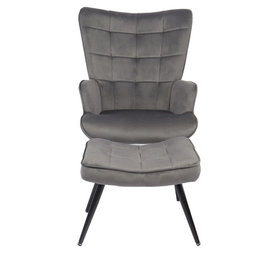 Πολυθρόνα Μπερζέρα Με Υποπόδιο ArteLibre LENNOX Γκρι Βελούδο/Ξύλο 96x68x73cm