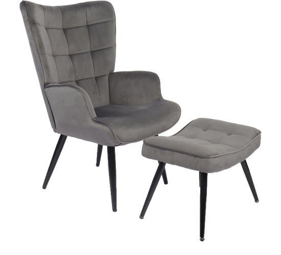 Πολυθρόνα Μπερζέρα Με Υποπόδιο ArteLibre LENNOX Γκρι Βελούδο/Ξύλο 96x68x73cm