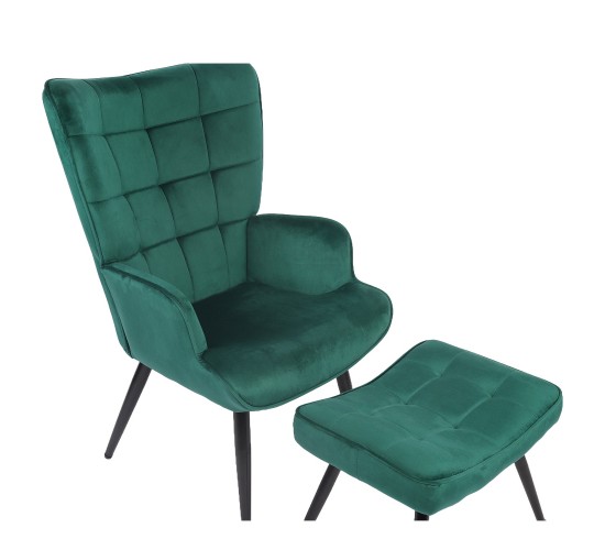 Πολυθρόνα Μπερζέρα Με Υποπόδιο ArteLibre LENNOX Πράσινο Βελούδο/Ξύλο 96x68x73cm