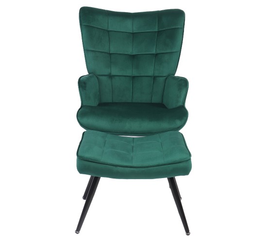 Πολυθρόνα Μπερζέρα Με Υποπόδιο ArteLibre LENNOX Πράσινο Βελούδο/Ξύλο 96x68x73cm