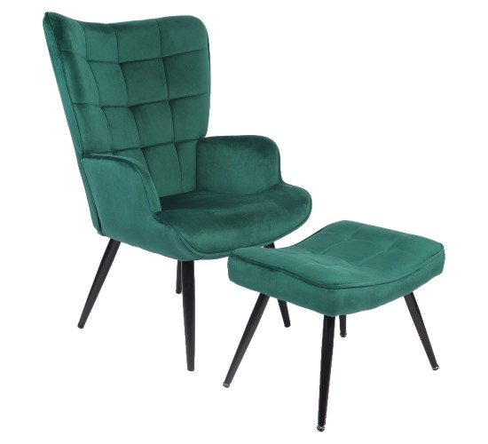 Πολυθρόνα Μπερζέρα Με Υποπόδιο ArteLibre LENNOX Πράσινο Βελούδο/Ξύλο 96x68x73cm