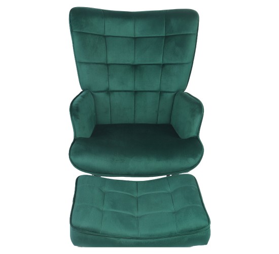 Πολυθρόνα Μπερζέρα Με Υποπόδιο ArteLibre LENNOX Πράσινο Βελούδο/Ξύλο 96x68x73cm