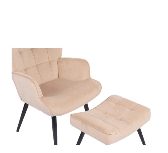 Πολυθρόνα Μπερζέρα Με Υποπόδιο ArteLibre LENNOX Μπεζ Βελούδο/Ξύλο 96x68x73cm