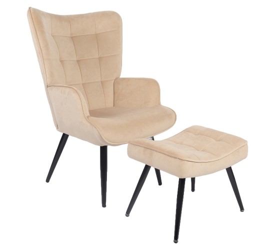 Πολυθρόνα Μπερζέρα Με Υποπόδιο ArteLibre LENNOX Μπεζ Βελούδο/Ξύλο 96x68x73cm