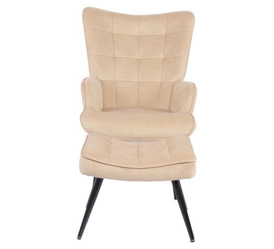 Πολυθρόνα Μπερζέρα Με Υποπόδιο ArteLibre LENNOX Μπεζ Βελούδο/Ξύλο 96x68x73cm