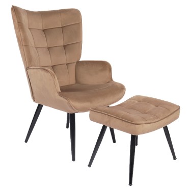 Πολυθρόνα Μπερζέρα Με Υποπόδιο ArteLibre LENNOX Καφέ Βελούδο/Ξύλο 96x68x73cm