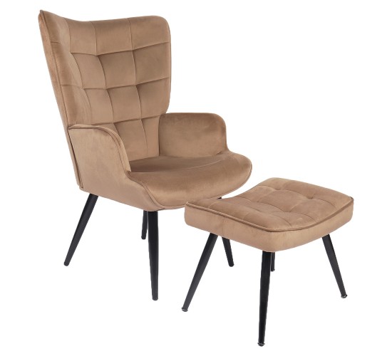 Πολυθρόνα Μπερζέρα Με Υποπόδιο ArteLibre LENNOX Καφέ Βελούδο/Ξύλο 96x68x73cm