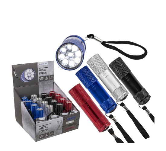 Φακός Με 9 LED Μπαταρίας Μέταλλο 8.5cm Σε 4 Χρώματα