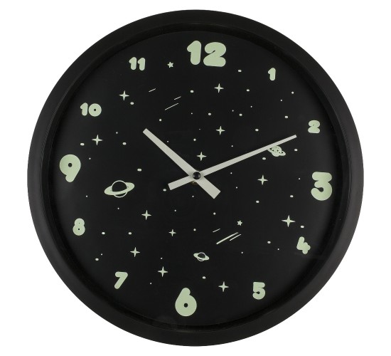Ρολόι Τοίχου Διάστημα Φωσφοριζέ Μαύρο Πλαστικό Φ30cm