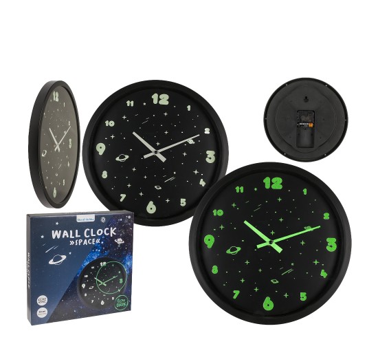 Ρολόι Τοίχου Διάστημα Φωσφοριζέ Μαύρο Πλαστικό Φ30cm