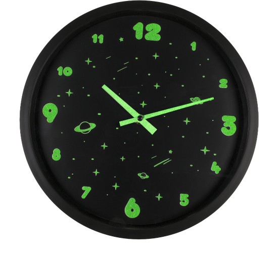 Ρολόι Τοίχου Διάστημα Φωσφοριζέ Μαύρο Πλαστικό Φ30cm