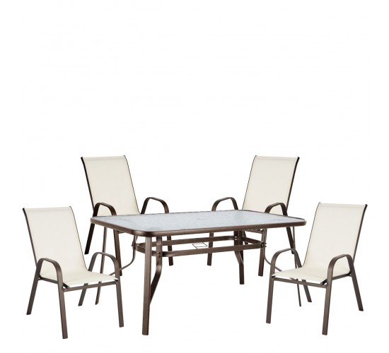Σετ Τραπεζαρία Κήπου ArteLibre SUN Κρεμ/Καφέ Μέταλλο/Textilene/Γυαλί Με 4 Πολυθρόνες 14990481