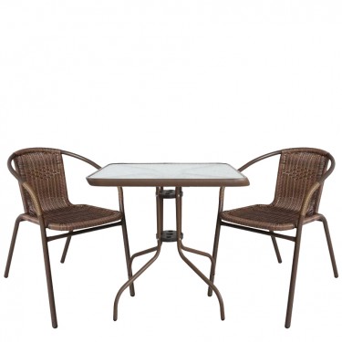 Σετ Τραπεζαρία Κήπου ArteLibre MARS Καφέ Μέταλλο/Rattan/Γυαλί Με 2 Πολυθρόνες 14990485