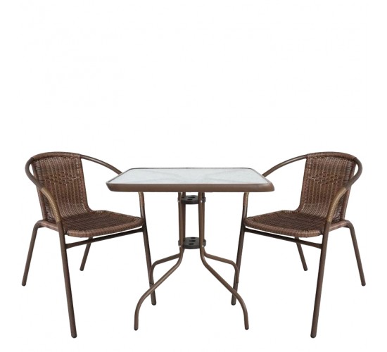 Σετ Τραπεζαρία Κήπου ArteLibre MARS Καφέ Μέταλλο/Rattan/Γυαλί Με 2 Πολυθρόνες 14990485