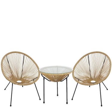 Σετ Τραπεζαρία Κήπου ArteLibre GANYMEDE Φυσικό/Μαύρο Μέταλλο/Rattan/Γυαλί Με 2 Πολυθρόνες 14990486