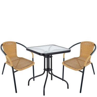 Σετ Τραπεζαρία Κήπου ArteLibre MARS Μαύρο/Μπεζ Rattan/Γυαλί/Μέταλλο Με 2 Πολυθρόνες 14990487