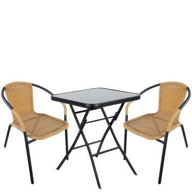 Σετ Τραπεζαρία Κήπου ArteLibre TAURUS Μαύρο/Μπεζ Rattan/Γυαλί/Μέταλλο Με 2 Πολυθρόνες 14990488