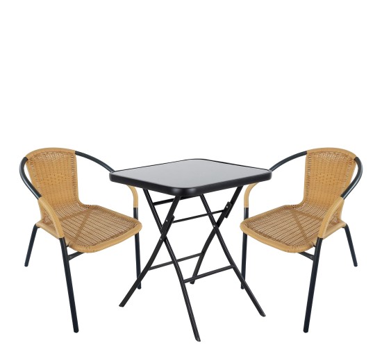 Σετ Τραπεζαρία Κήπου ArteLibre TAURUS Μαύρο/Μπεζ Rattan/Γυαλί/Μέταλλο Με 2 Πολυθρόνες 14990488