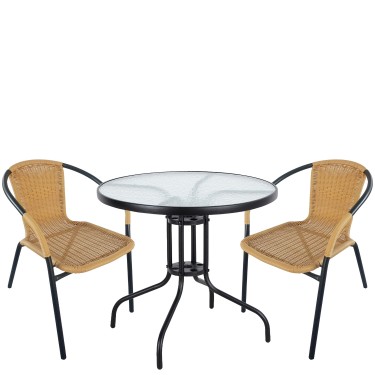 Σετ Τραπεζαρία Κήπου ArteLibre EARTH Μαύρο/Μπεζ Rattan/Γυαλί/Μέταλλο Με 2 Πολυθρόνες 14990489